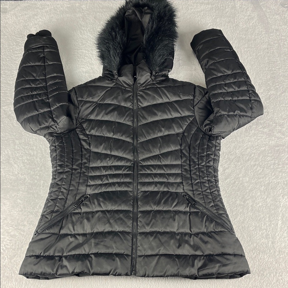 HFX Puffer Jacket Womens XL Black Faux Fur Hood Quilted Full Zip‎